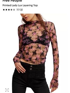 Free People Printed Lady Lux Mesh Top S Sheer Floral Lace Long Sleeve Layering